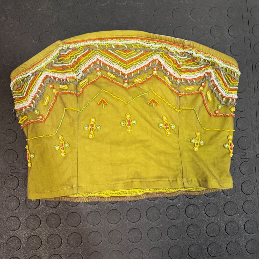 Anthropologie Beaded Tube Top Chartreuse Green Smocked Strapless Bodice MP